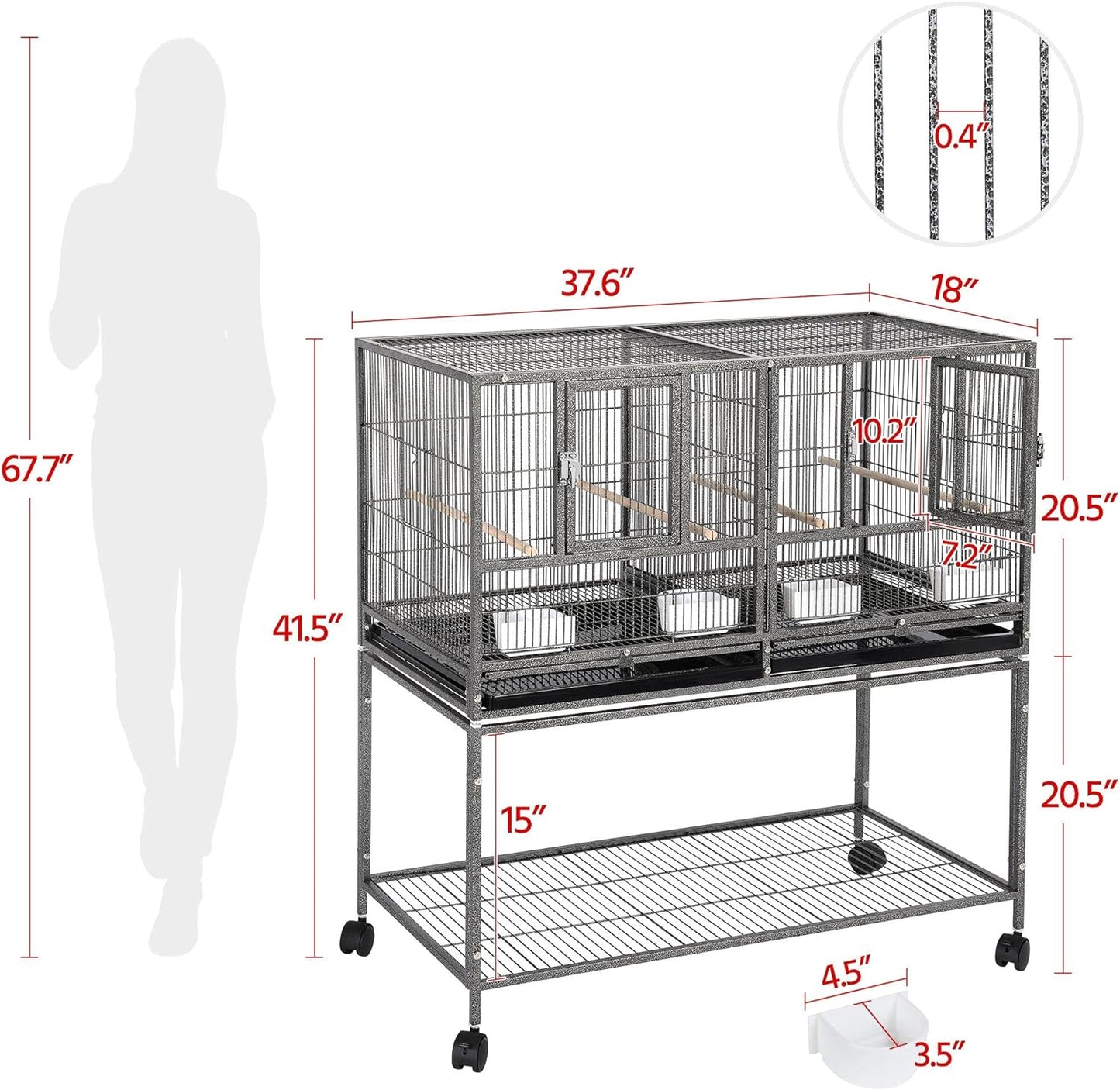 Yaheetech 41.5" Stackable Divided Breeder Cage for Parakeets, Canaries, Cockatiels, Lovebirds, Finches, Budgies, and Small Parrots with Rolling Stand, Black