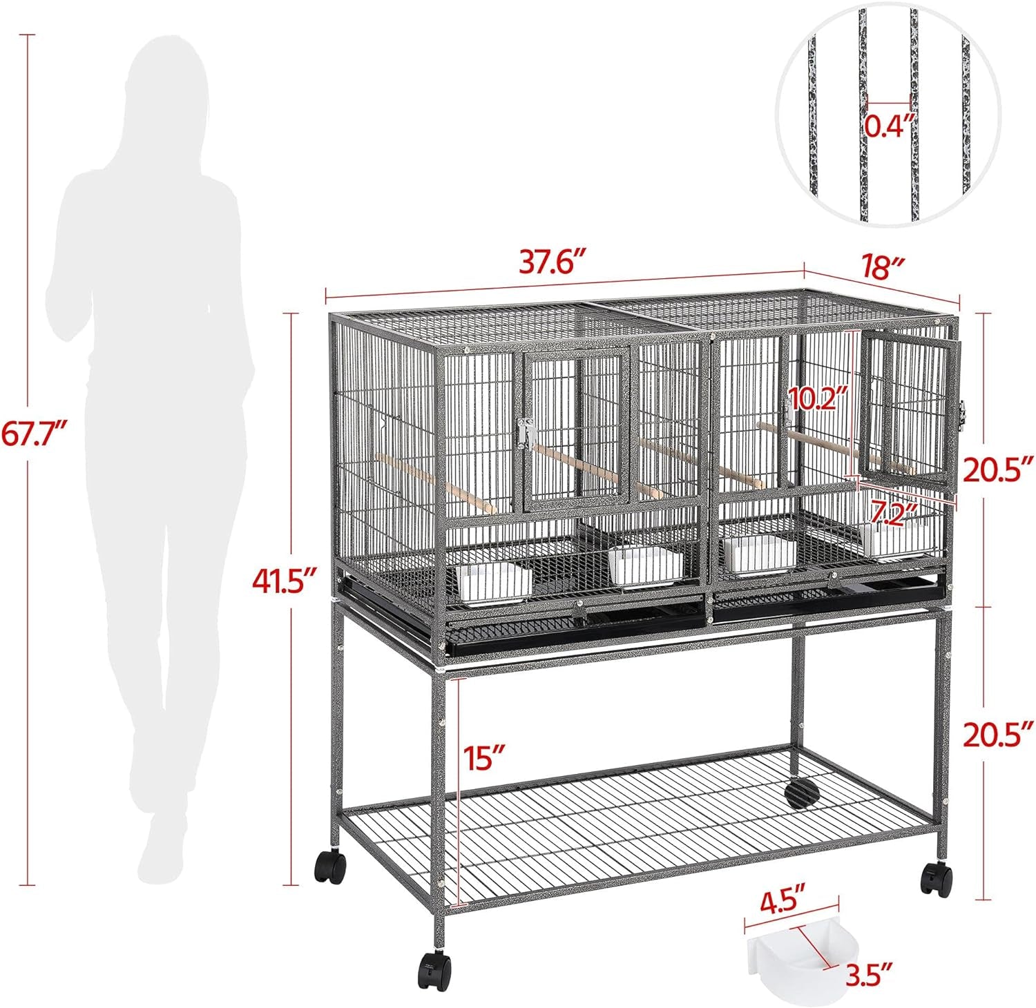 Yaheetech 41.5" Stackable Divided Breeder Cage for Parakeets, Canaries, Cockatiels, Lovebirds, Finches, Budgies, and Small Parrots with Rolling Stand, Black