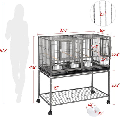 Yaheetech 41.5" Stackable Divided Breeder Cage for Parakeets, Canaries, Cockatiels, Lovebirds, Finches, Budgies, and Small Parrots with Rolling Stand, Black