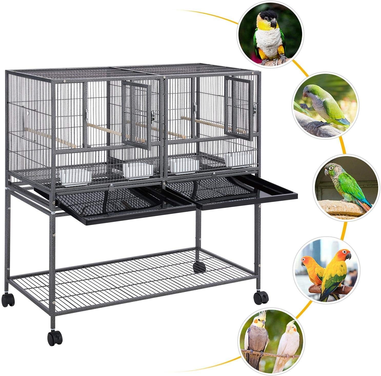 Yaheetech 41.5" Stackable Divided Breeder Cage for Parakeets, Canaries, Cockatiels, Lovebirds, Finches, Budgies, and Small Parrots with Rolling Stand, Black