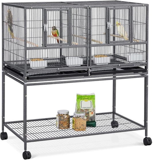 Yaheetech 41.5" Stackable Divided Breeder Cage for Parakeets, Canaries, Cockatiels, Lovebirds, Finches, Budgies, and Small Parrots with Rolling Stand, Black